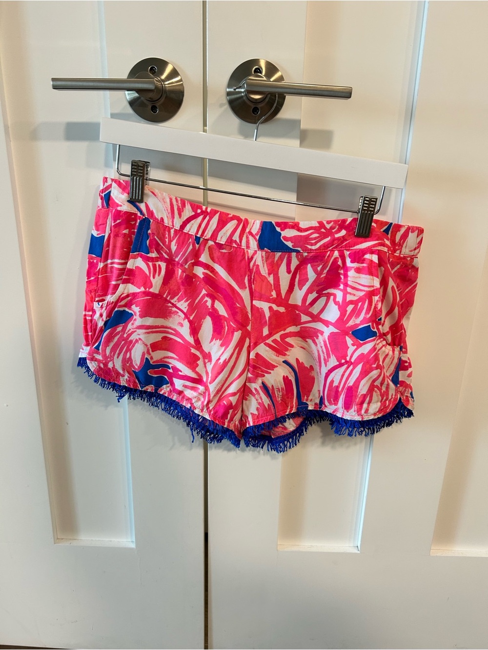 Lilly Pulitzer Pink Tropical Fringe Hem Athletic Shorts with Blue Accents